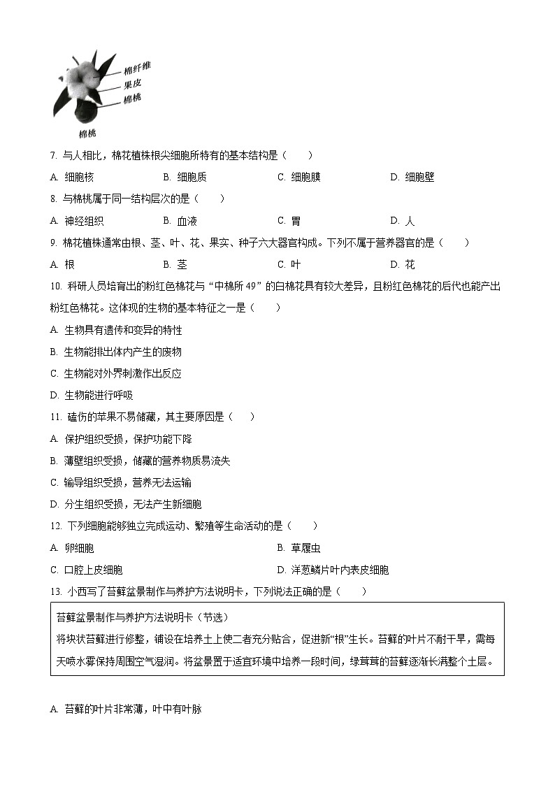 福建省福州市仓山区2025-2026学年七年级上学期期末生物学试题（试卷+解析）第2页