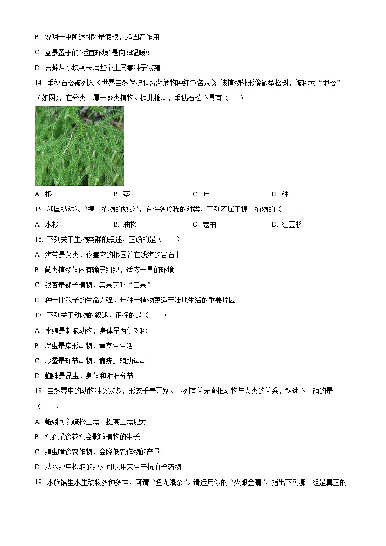 福建省福州市仓山区2025-2026学年七年级上学期期末生物学试题（试卷+解析）第3页