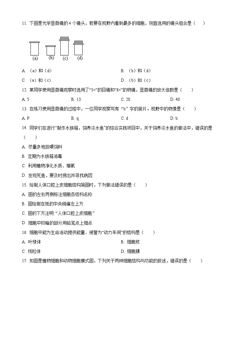 山东省淄博市临淄区2025-2026学年七年级上学期期末生物学试题（试卷+解析）第3页