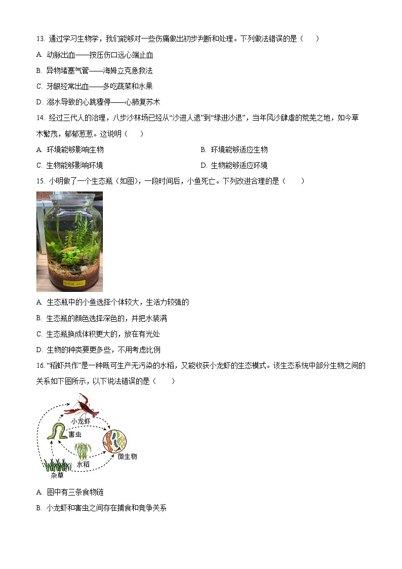 福建省泉州市泉港区2025-2026学年八年级上学期期末生物学试题（试卷+解析）第3页
