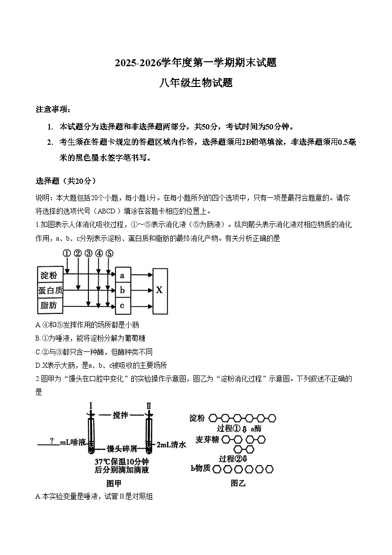 山东菏泽市东明县2025_2026学年度第一学期期末试题八年级生物试题（文字版，含答案）第1页