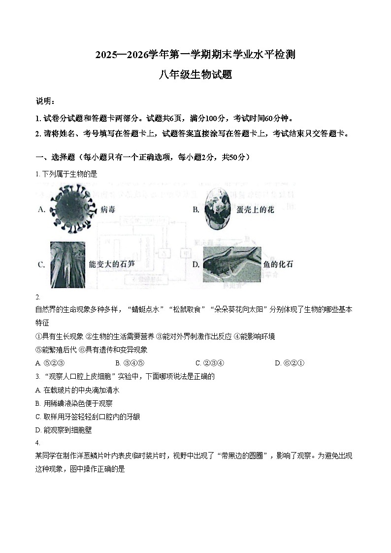 山东省聊城市2025_2026学年第一学期期末学业水平检测八年级生物试题（文字版，含答案）第1页