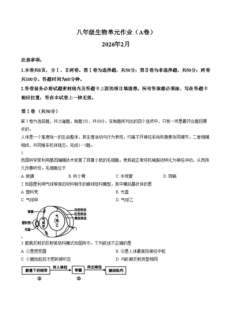 山东省临沂市沂水县2025_2026学年八年级上学期末生物单元作业（A卷）（文字版，含答案）第1页