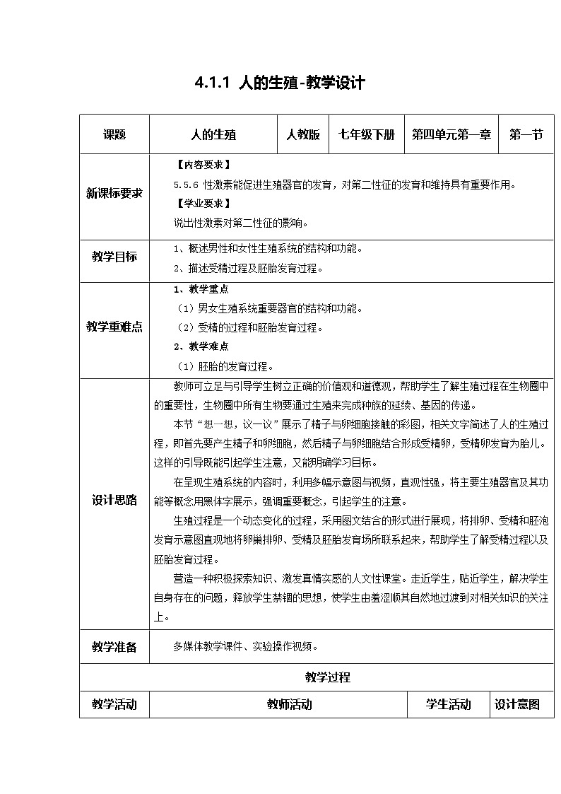 4.1.1 人的生殖（教学设计）初中生物人教版（2024）七年级下册第1页