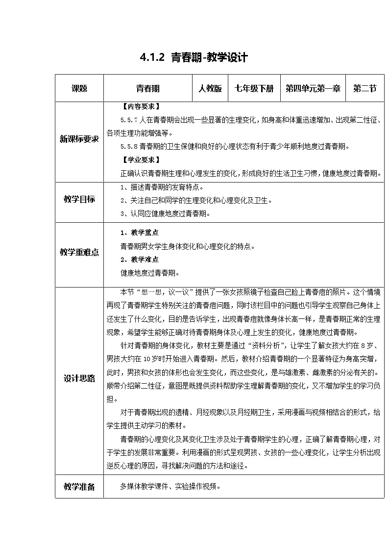 4.1.2 青春期（教学设计）初中生物人教版（2024）七年级下册第1页