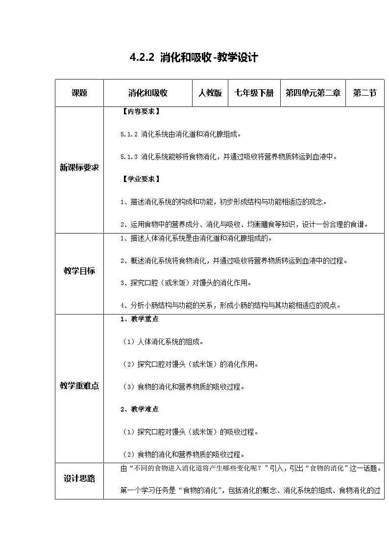 4.2.2 消化和吸收（教学设计）初中生物人教版（2024）七年级下册第1页