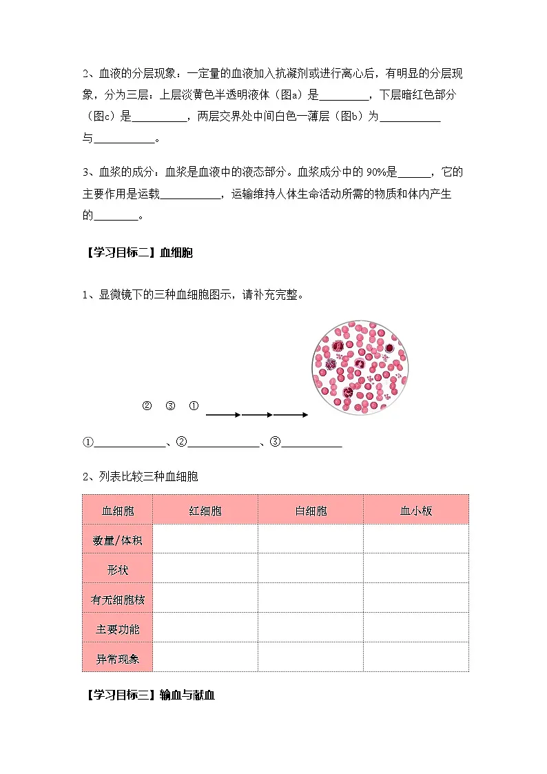 4.4.1 流动的组织——血液（导学案）（原卷版）初中生物人教版（2024）七年级下册第2页