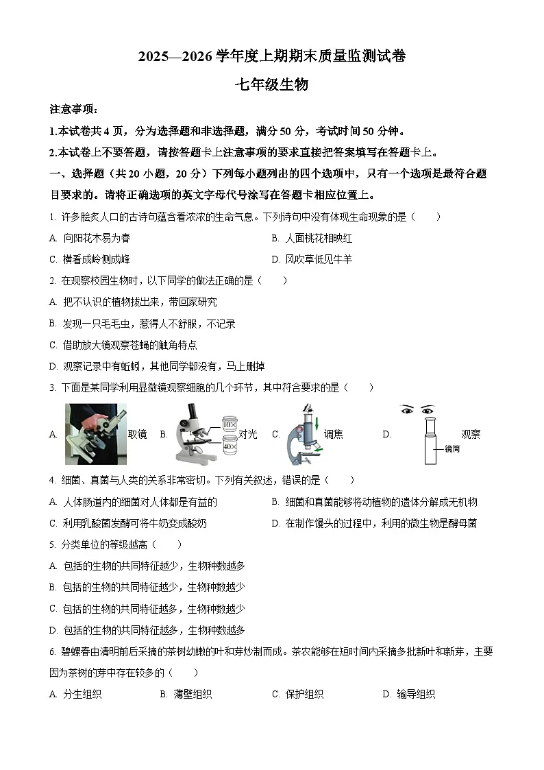 河南省驻马店市确山县2025-2026学年七年级上学期期末生物学试题（试卷+解析）第1页