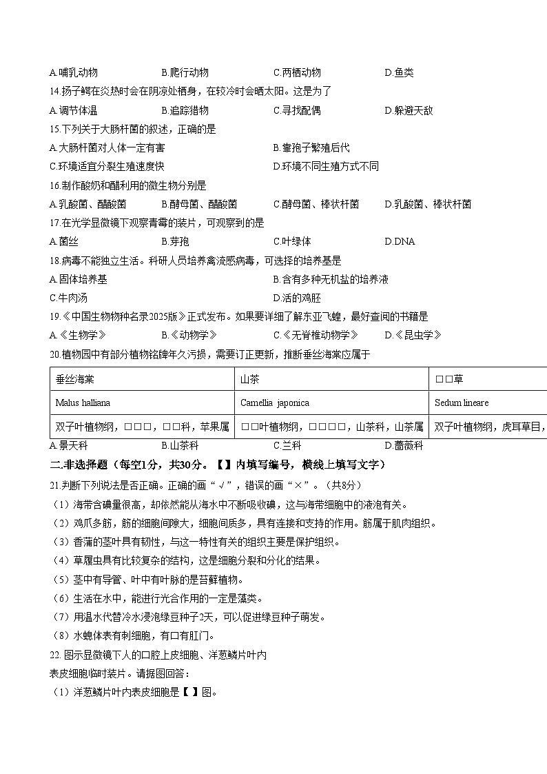 河南信阳市平桥区2025_2026学年上学期七年级生物期末质量调研试卷（文字版，含答案）第3页