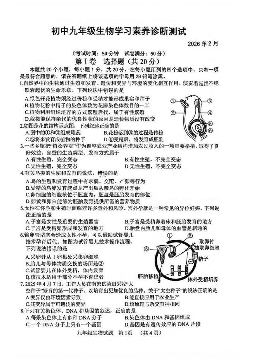 山东菏泽市鄄城县2025-2026学年九年级生物学上学期期末素养诊断测试试题含答案第1页