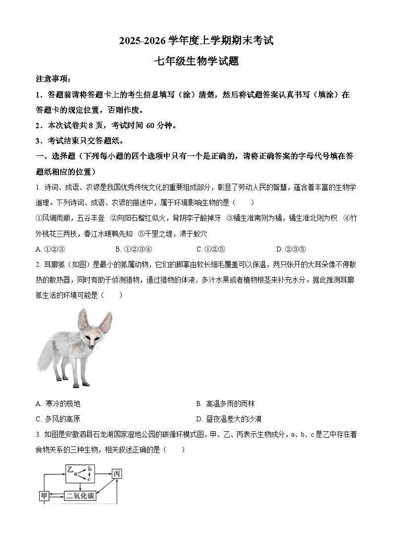 山东肥城市2025-2026学年度上学期期末七年级生物学试题（试卷+解析）第1页