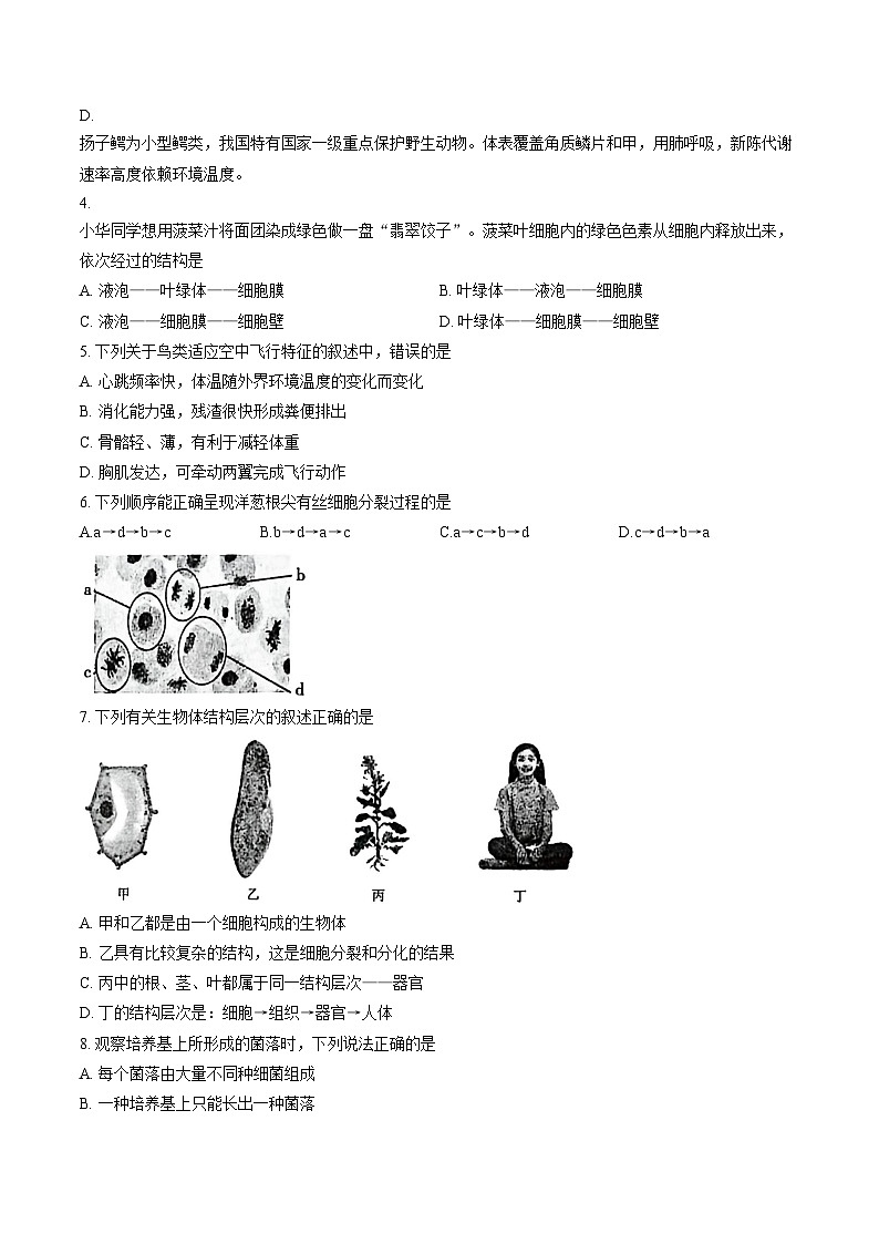 安徽省六安市霍邱县2025~2026学年度第一学期期末考试七年级生物学试卷(文字版，含答案）第2页