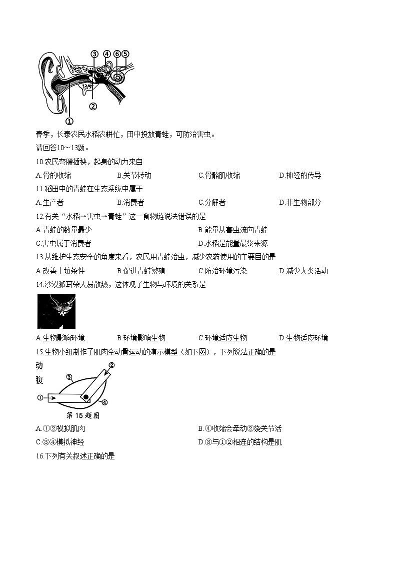 2025_2026学年福建省漳州市长泰区八年级上学期期末考试生物学试卷（文字版，含答案）第2页