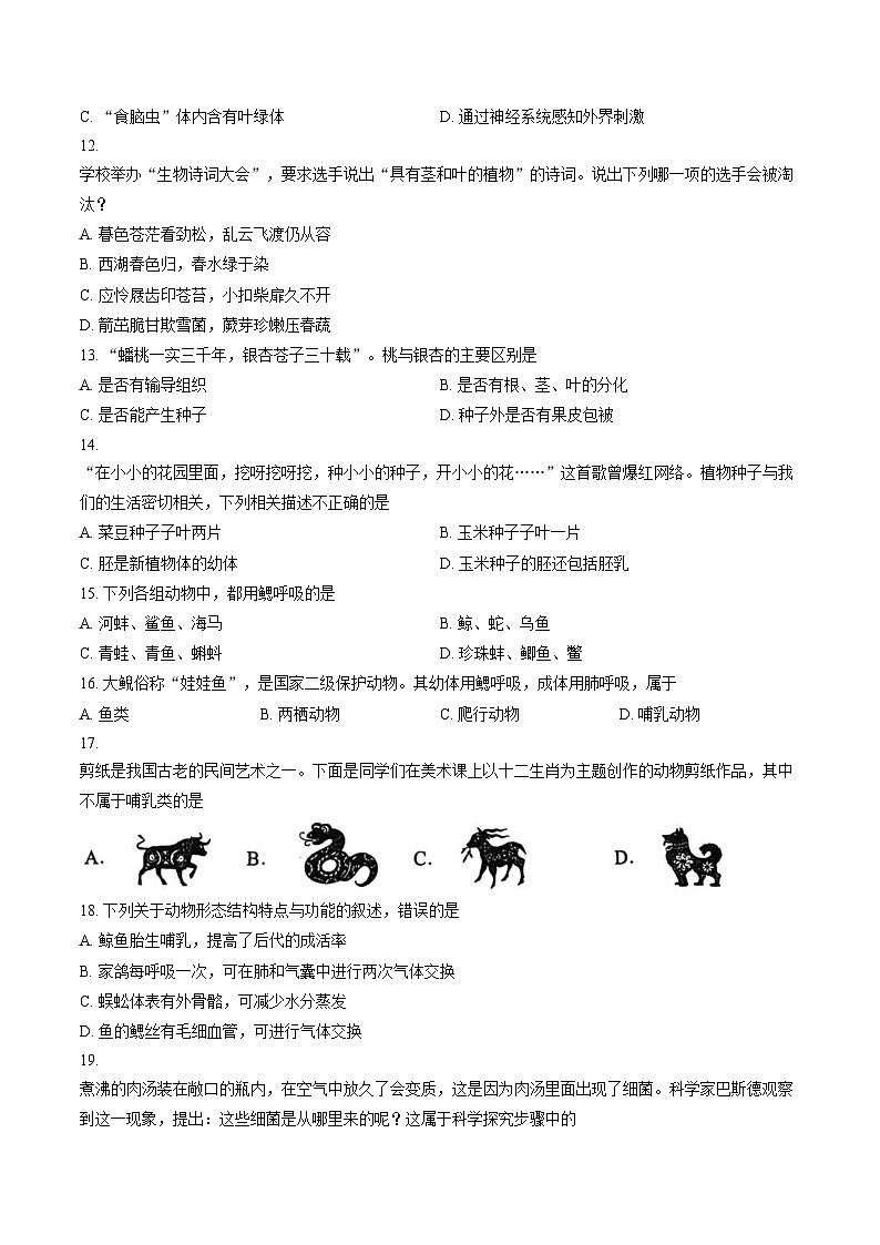 湖南省怀化市洪江市2025_2026学年七年级上册期末生物卷(文字版含答案)第3页