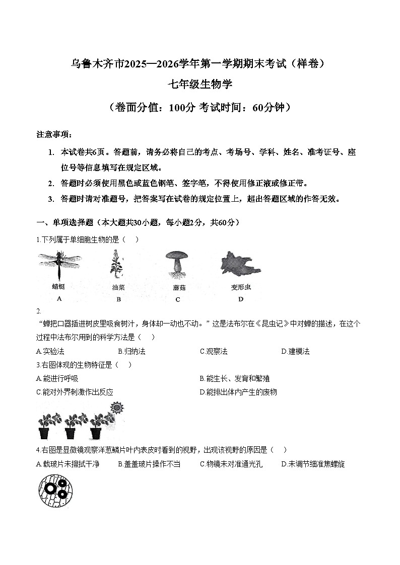新疆维吾尔自治区乌鲁木齐市2025_2026学年七年级上学期期末生物试题（文字版，含答案）第1页
