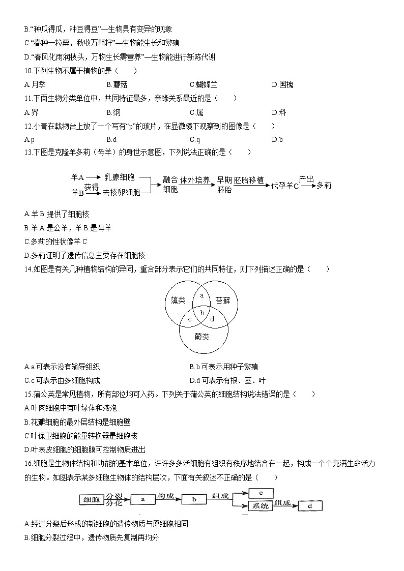 2025-2026学年陕西省榆林市榆阳区七年级上学期期末考试生物试卷（学生版）第2页