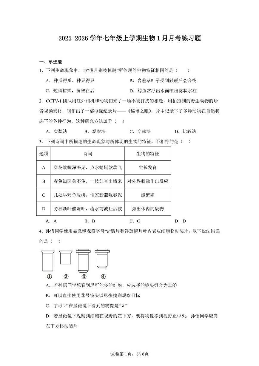 2025-2026学年七年级上学期生物1月月考练习题（含答案）第1页