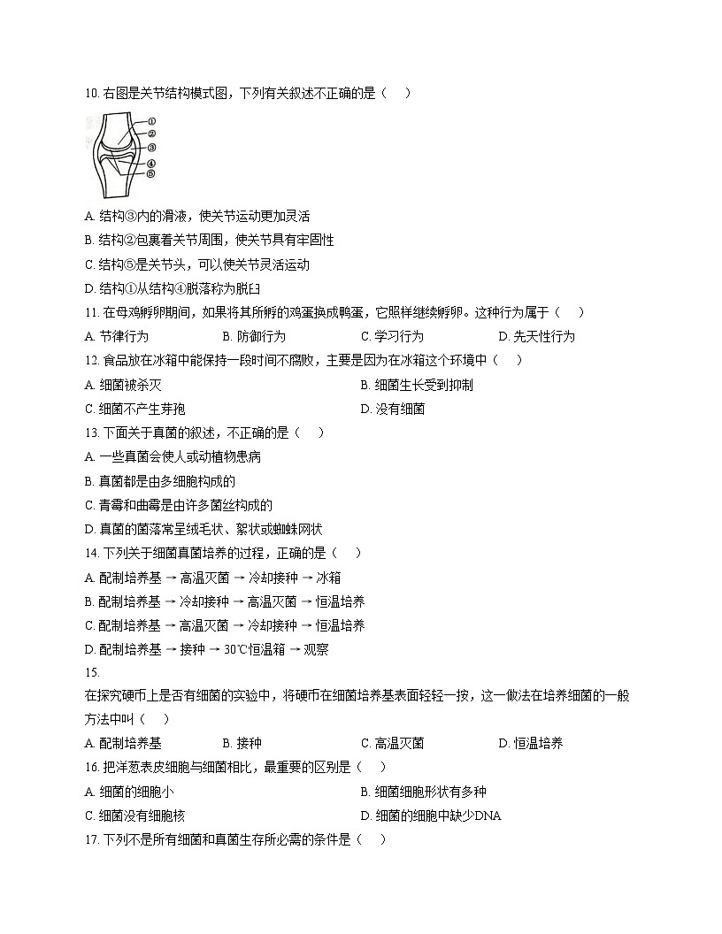 新疆和田地区皮山县2024_2025学年八年级上学期期末测试生物试卷（文字版，含答案）第2页