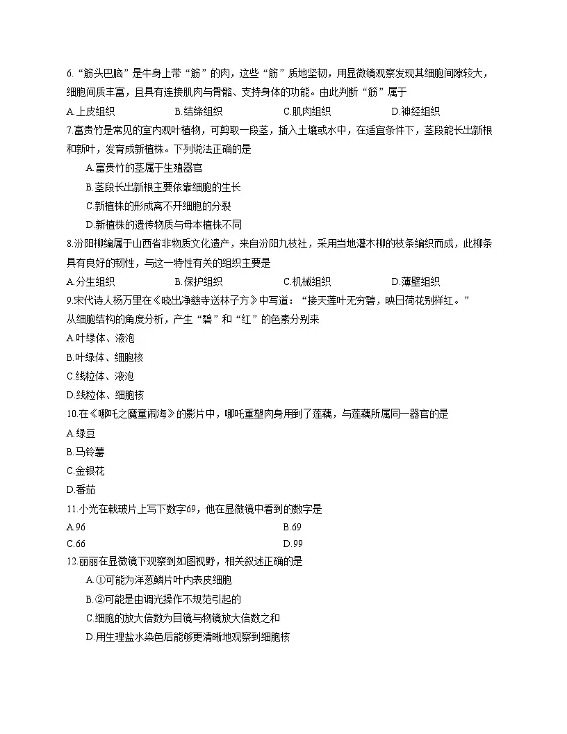 山西省吕梁市汾阳市2025_2026学年七年级上学期期中生物试卷（文字版，含答案）第2页