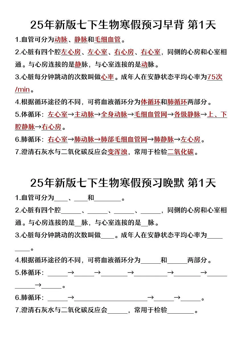 2024版人教版七年级下册生物寒假必背100个知识点第1页