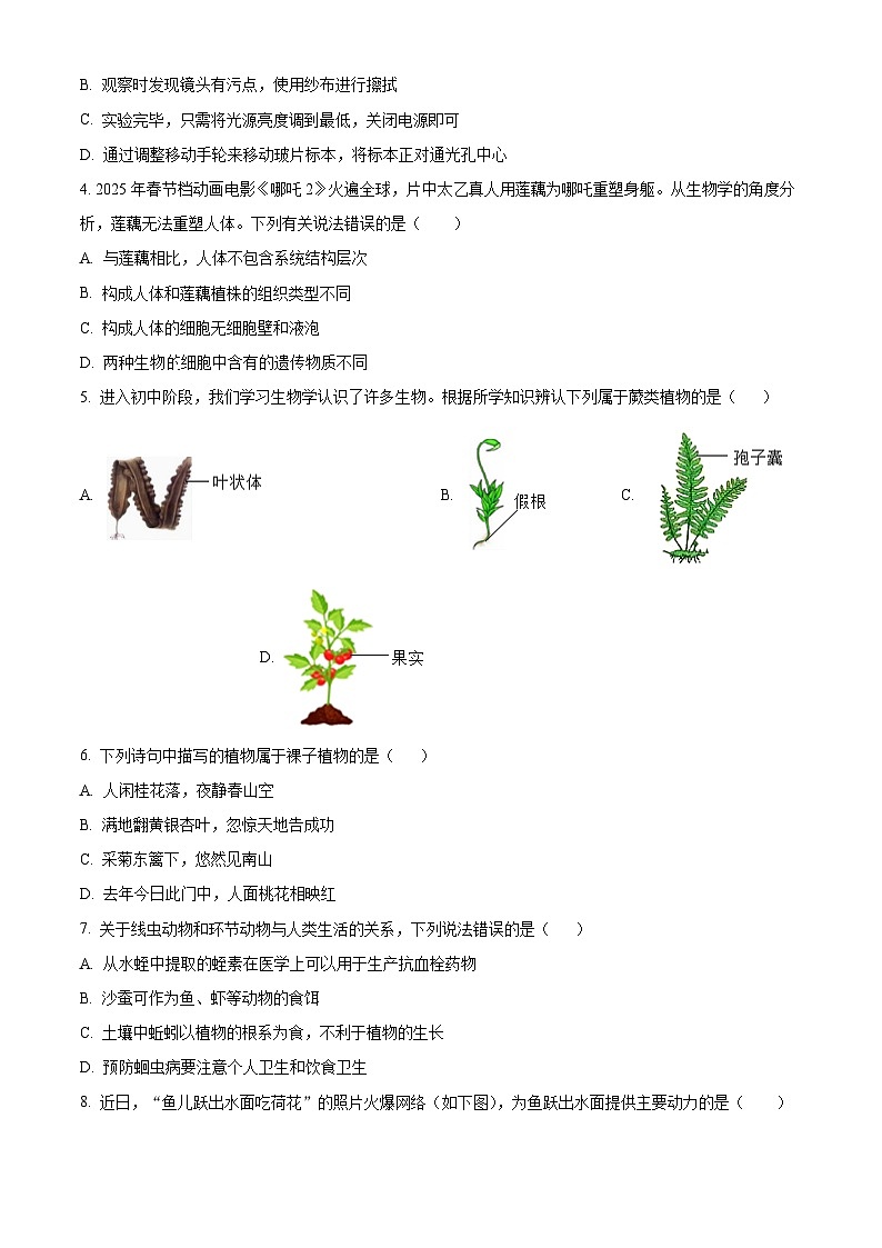 山东济宁市曲阜市2025-2026学年度第一学期期末教学质量监测八年级生物试题（试卷+解析）第2页