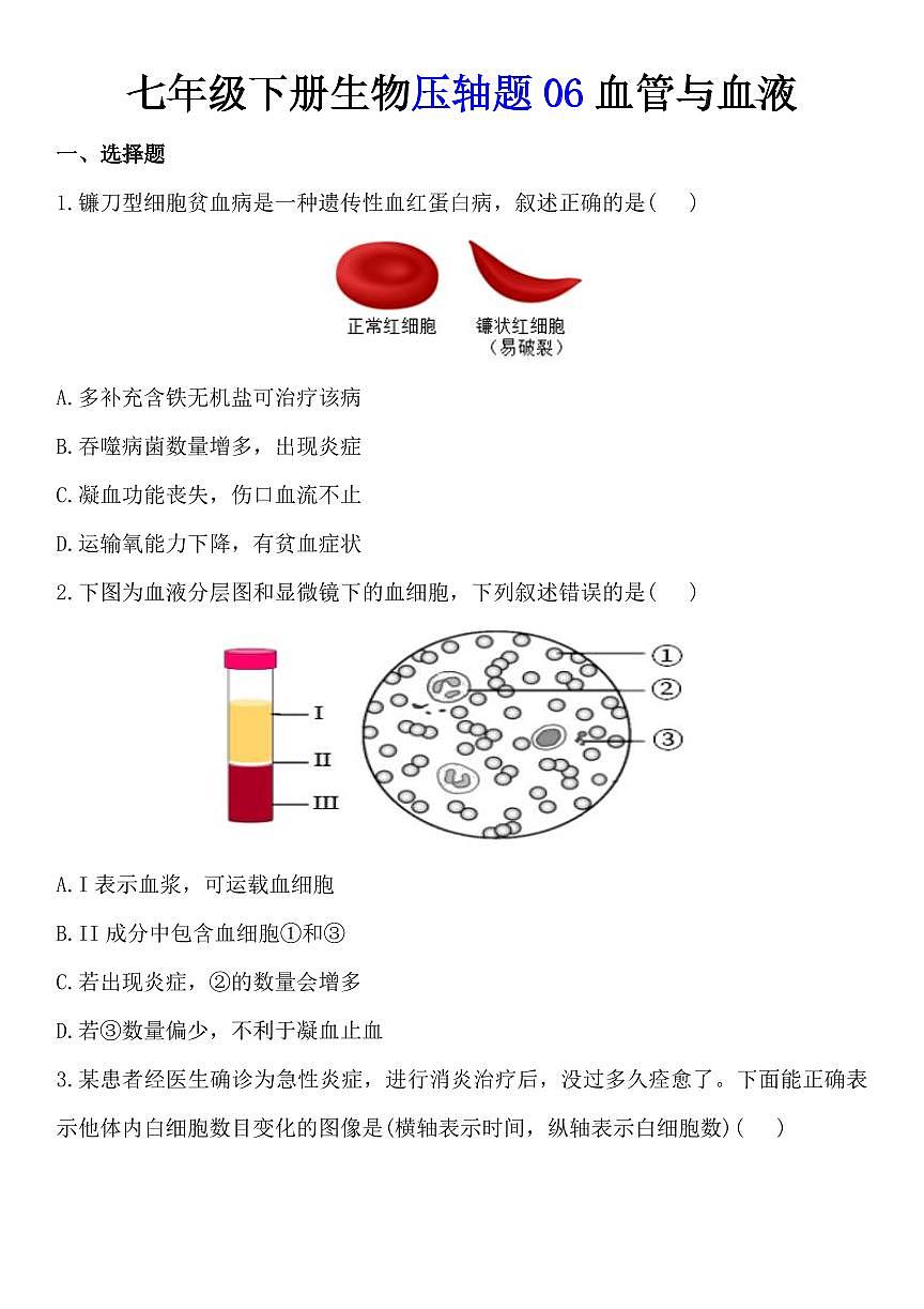 2024版人教版七年级下册生物期末压轴题06血管与血液练习含答案第1页