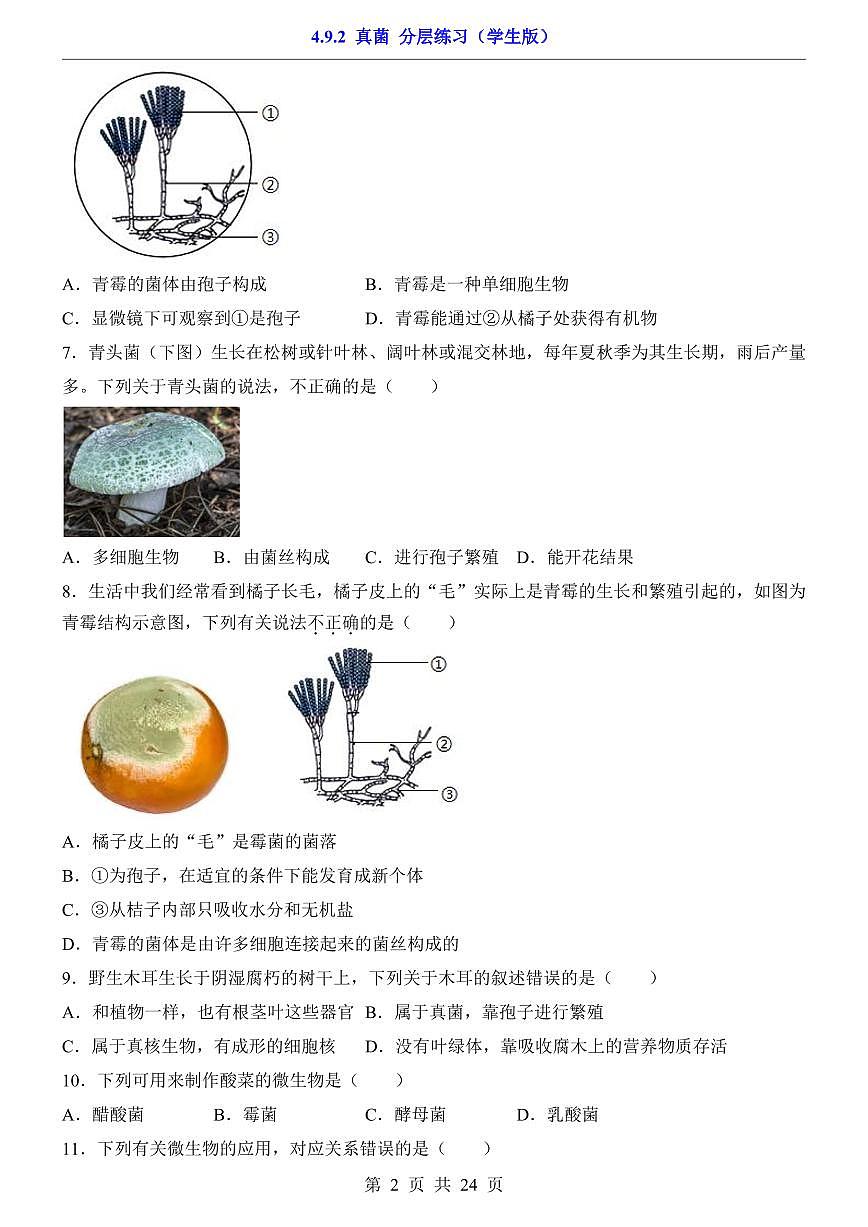 2024版苏科版七年级下册生物一课一练4.9.2 真菌（含答案解析）第2页