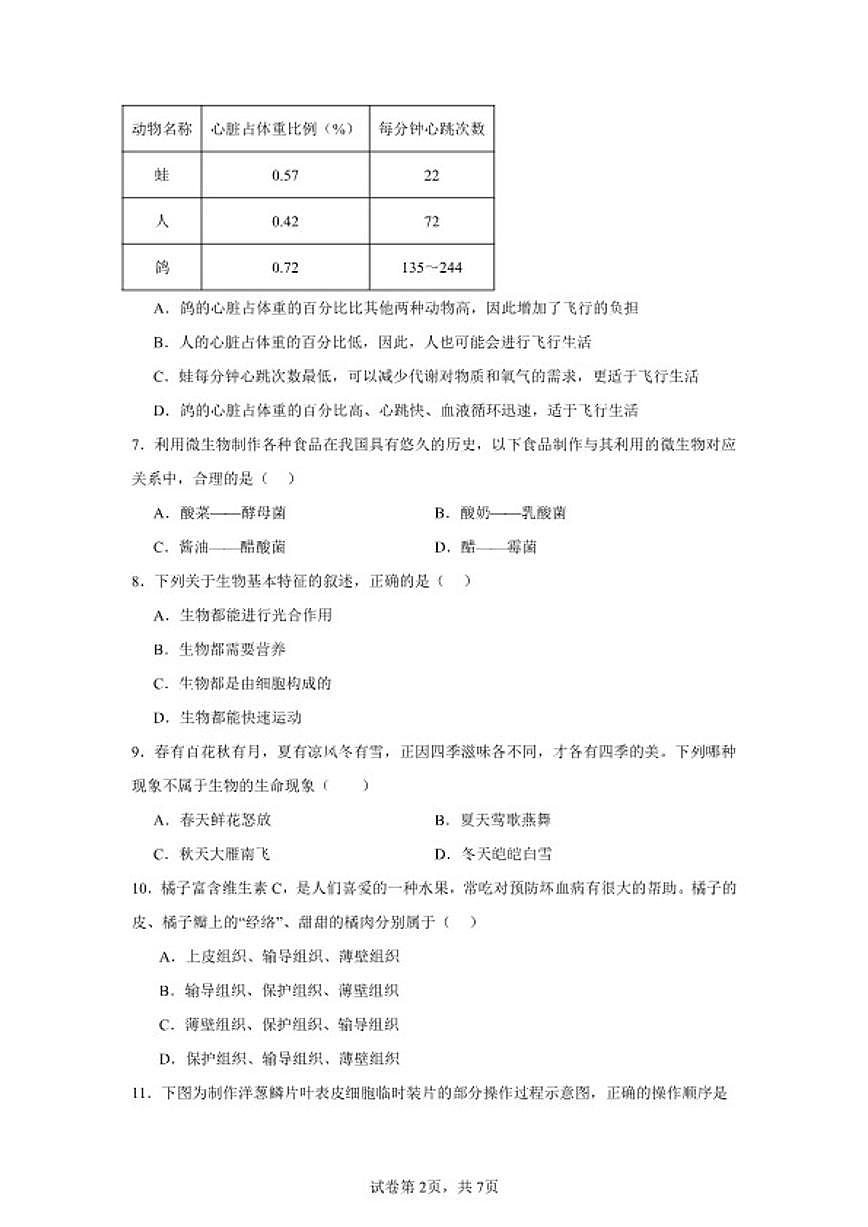 2025-2026学年七年级上册生物新人教版期末综合练习题（含答案）第2页
