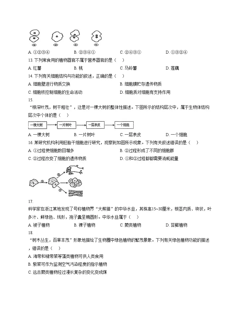山东省德州市平原县龙门中学等三校联考2025_2026学年七年级上学期11月期中生物试题（文字版，含答案）第3页