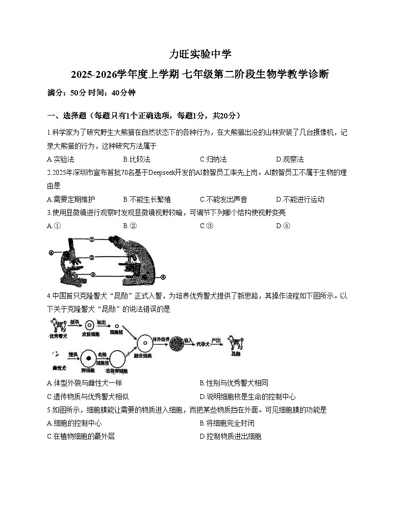 吉林省长春市力旺实验初级中学2025_2026学年七年级上学期11月期中生物试题（文字版，含答案）第1页
