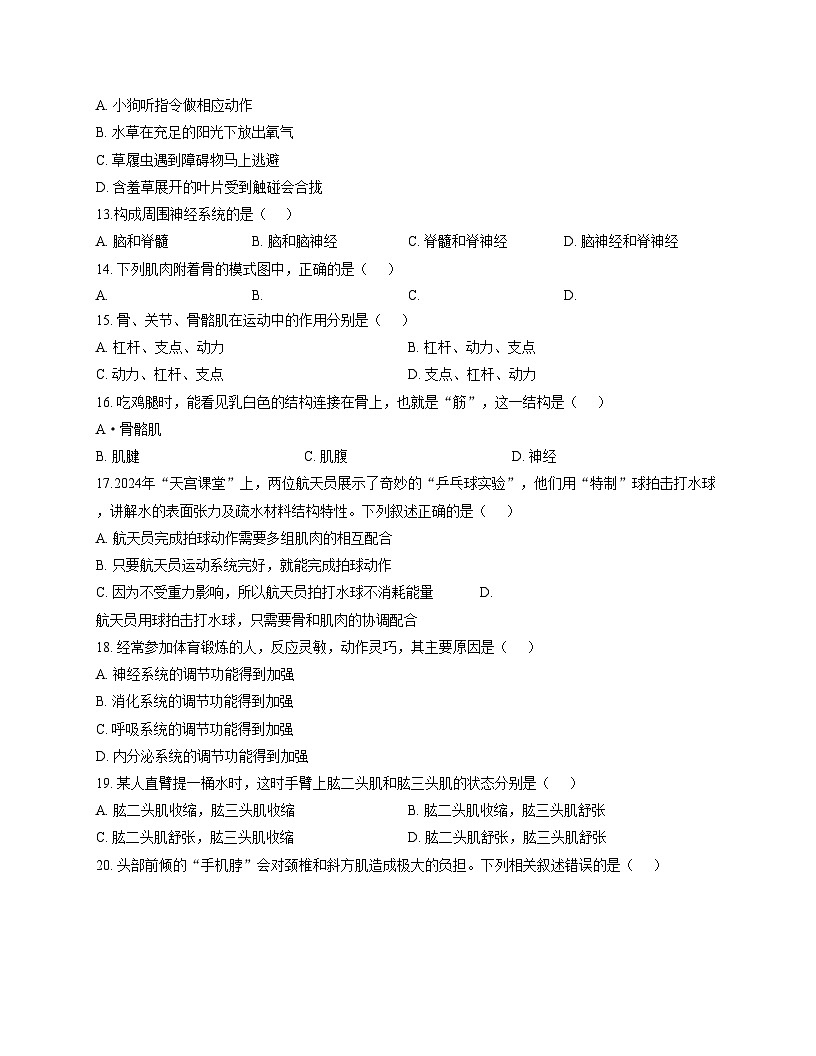 天津市第二耀华中学2025__2026学年八年级上学期期中质量调查生物试卷（文字版，含答案）第3页