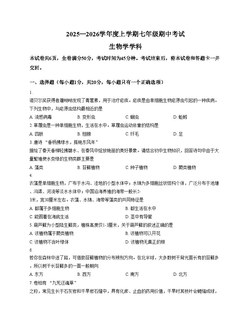 吉林省实验中学2025_2026学年七年级上学期期中测试生物试卷（文字版，含答案）第1页