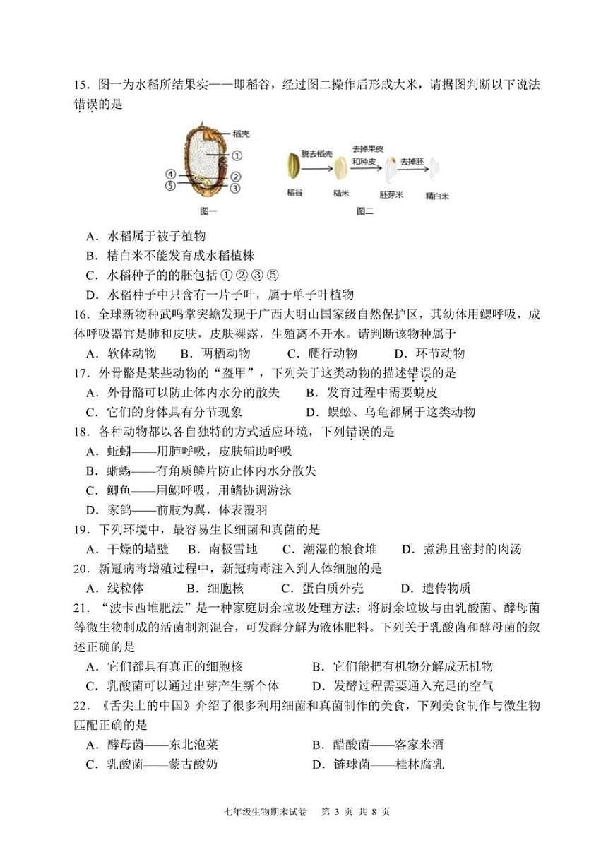2025-2026学年福建漳州市第一中学上学期期末学情调研七年级生物学试题（含答案）第3页