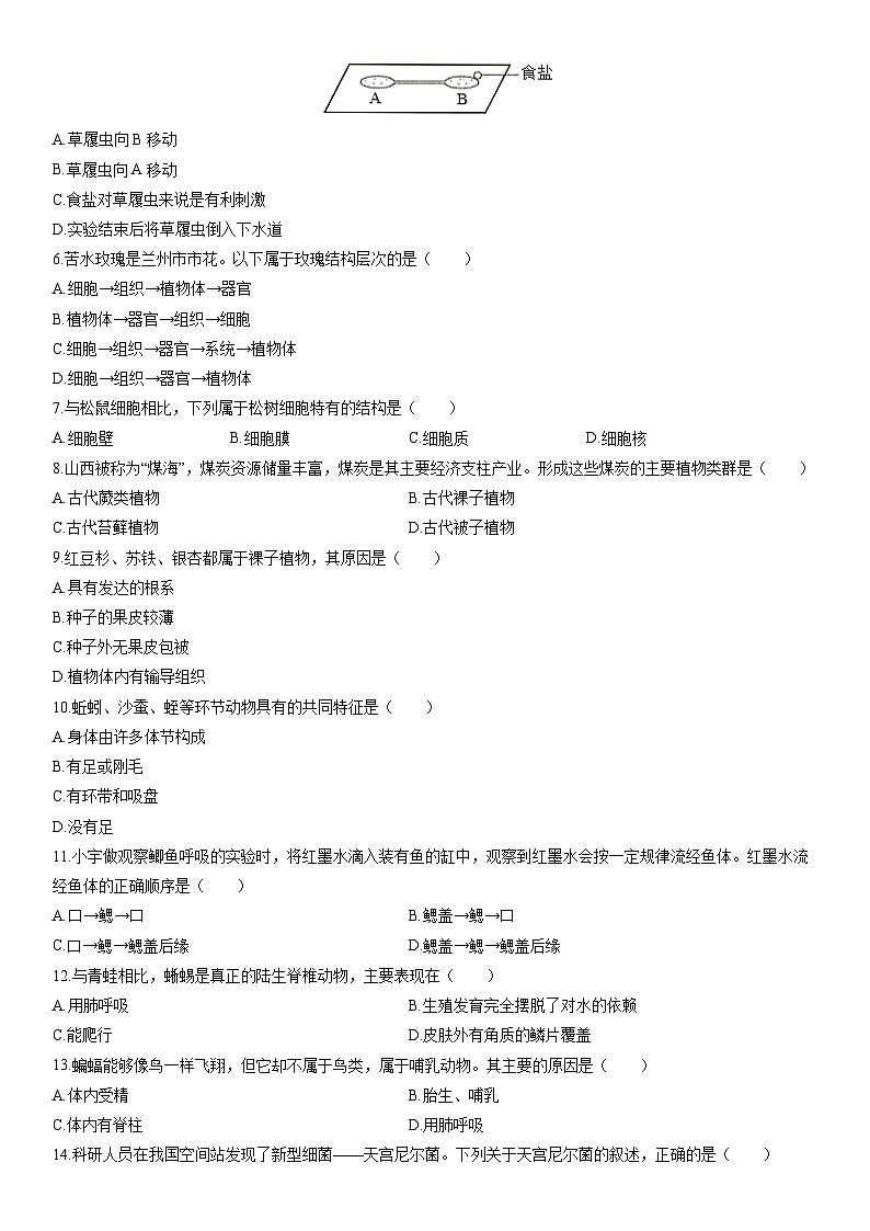 2025-2026学年甘肃省酒泉市敦煌市七年级上学期期末考试生物试卷（学生版）第2页