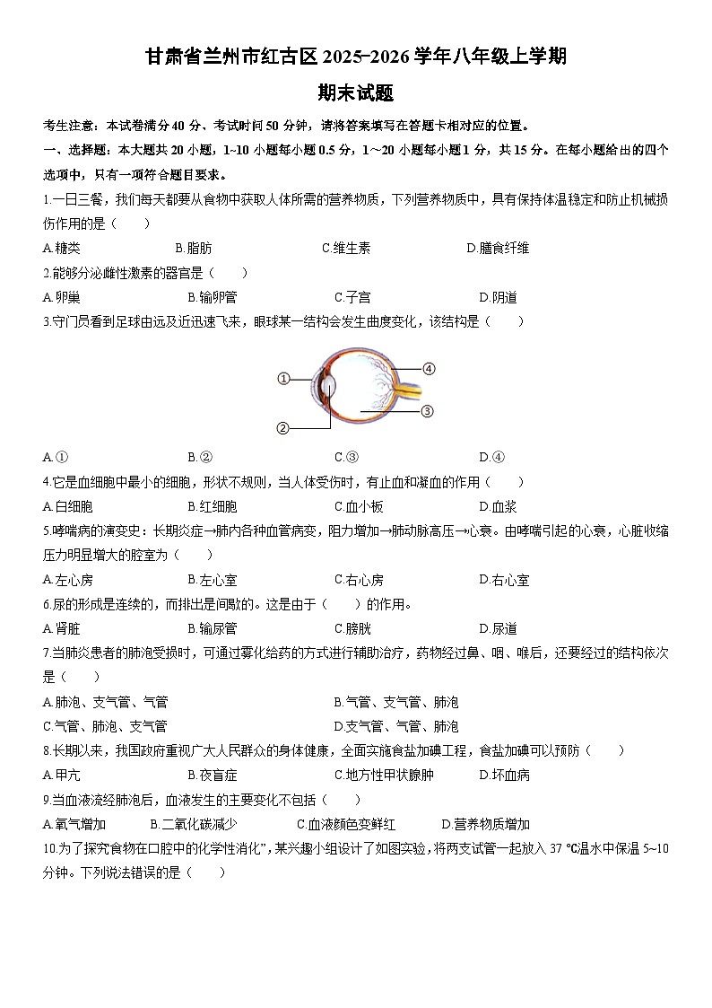 2025-2026学年甘肃省兰州市红古区八年级上学期期末生物试卷（学生版）第1页