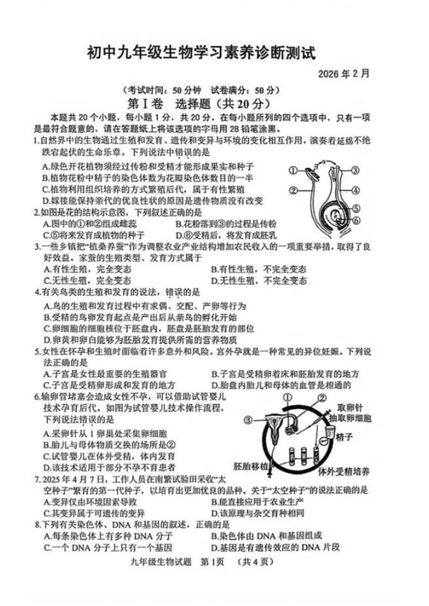 2025-2026学年山东菏泽市鄄城县九年级生物学上学期期末素养诊断测试试题（含答案）第1页