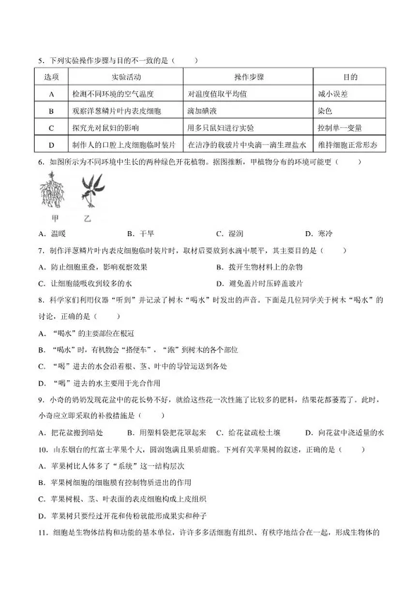 2025-2026学年安徽淮北市七年级上学期期末生物学试题（含答案）第2页