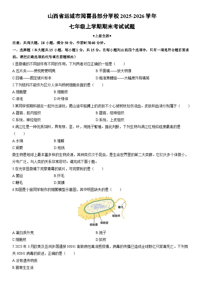 2025-2026学年山西省运城市闻喜县七年级上学期期末考试生物试卷（学生版）第1页