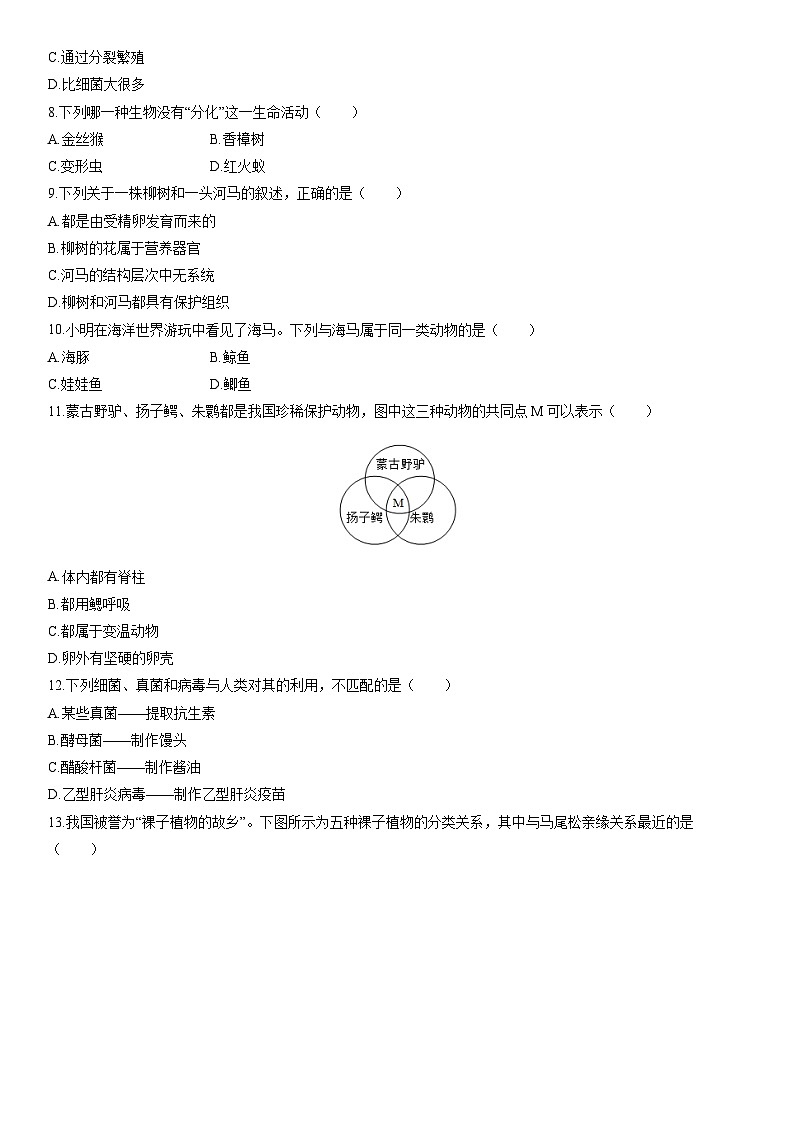 2025-2026学年山西省运城市闻喜县七年级上学期期末考试生物试卷（学生版）第2页