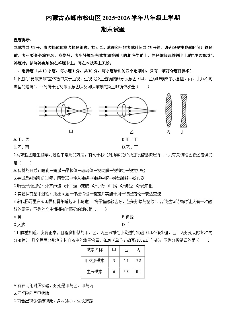 2025-2026学年内蒙古赤峰市松山区八年级上学期期末考试生物试卷（学生版）第1页