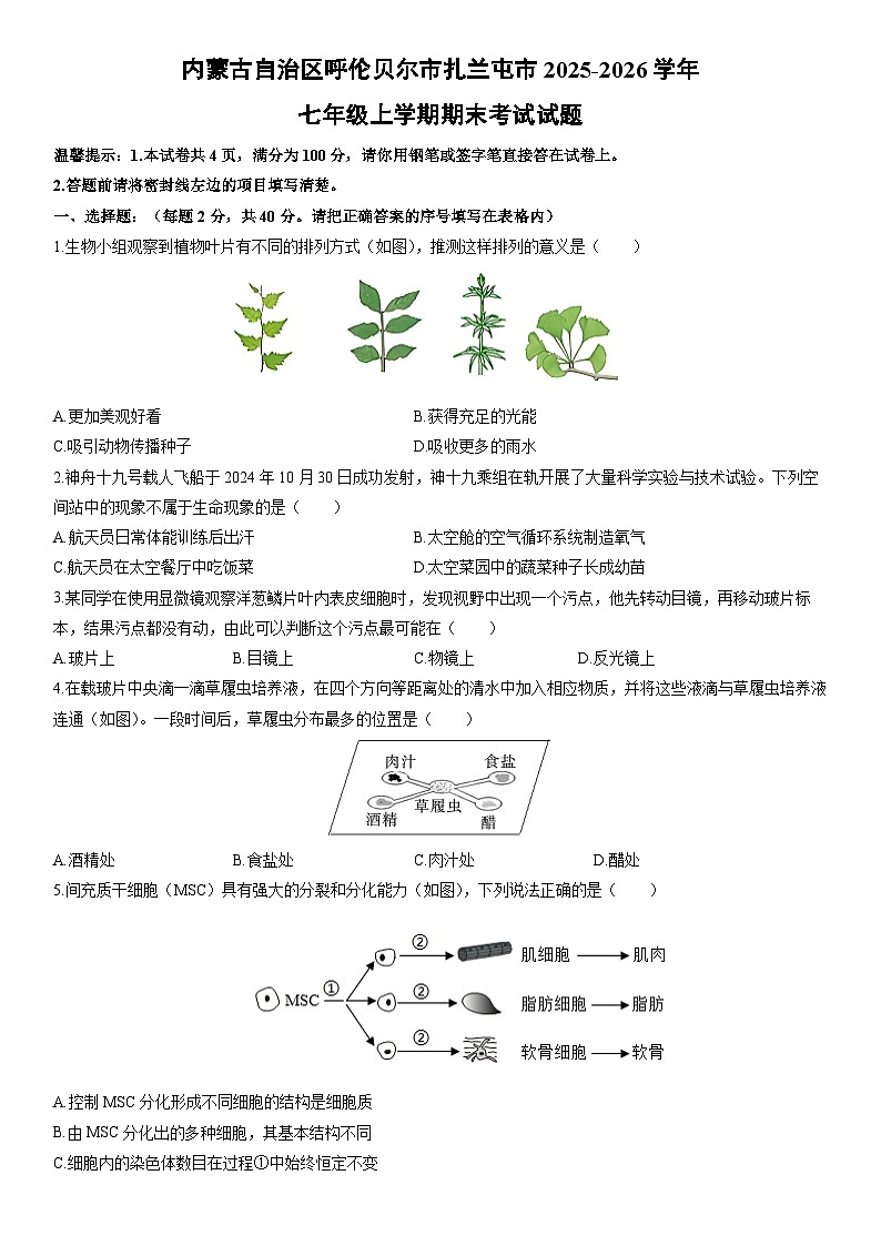 2025-2026学年内蒙古自治区呼伦贝尔市扎兰屯市七年级上学期期末考试生物试卷（学生版）第1页