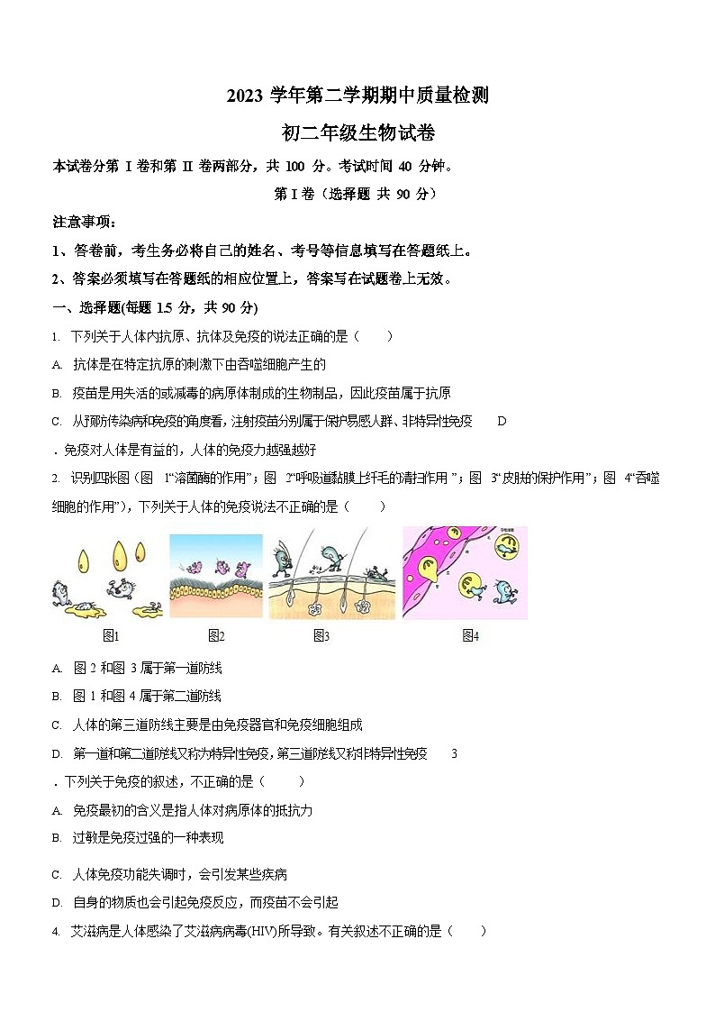 广东省广州市第八十九中学2023-2024学年八年级下学期期中生物学试题（含答案）第1页