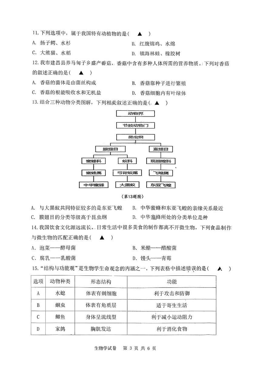 2025-2026学年辽宁省葫芦岛市第一学期七年级生物学期末（含答案）试卷第3页