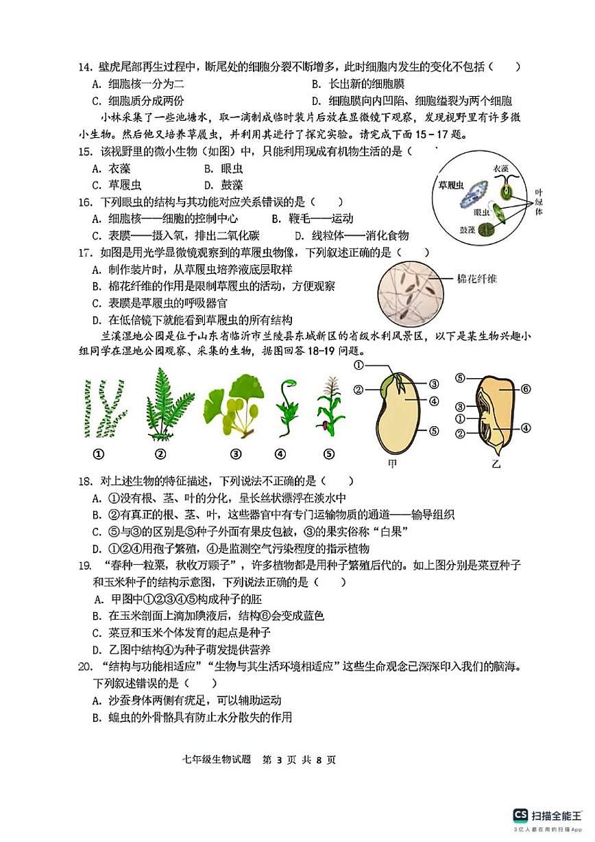 2025-2026学年山东省临沂市兰陵县上学期期末质量调研七年级生物（四）试题（含答案）第3页