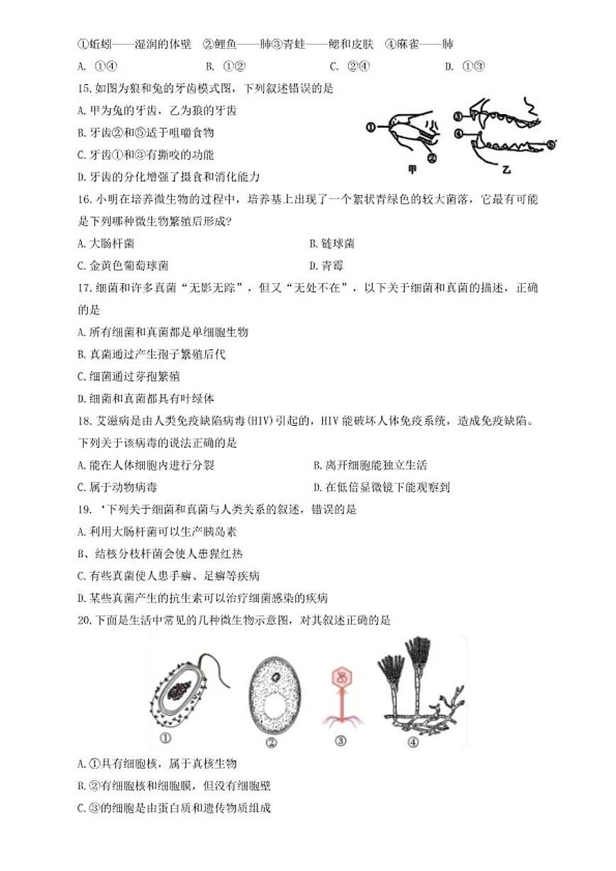 2025-2026学年吉林省长春市力旺实验初级中学度上学期七年级期末生物教学诊断试题（含答案）第3页