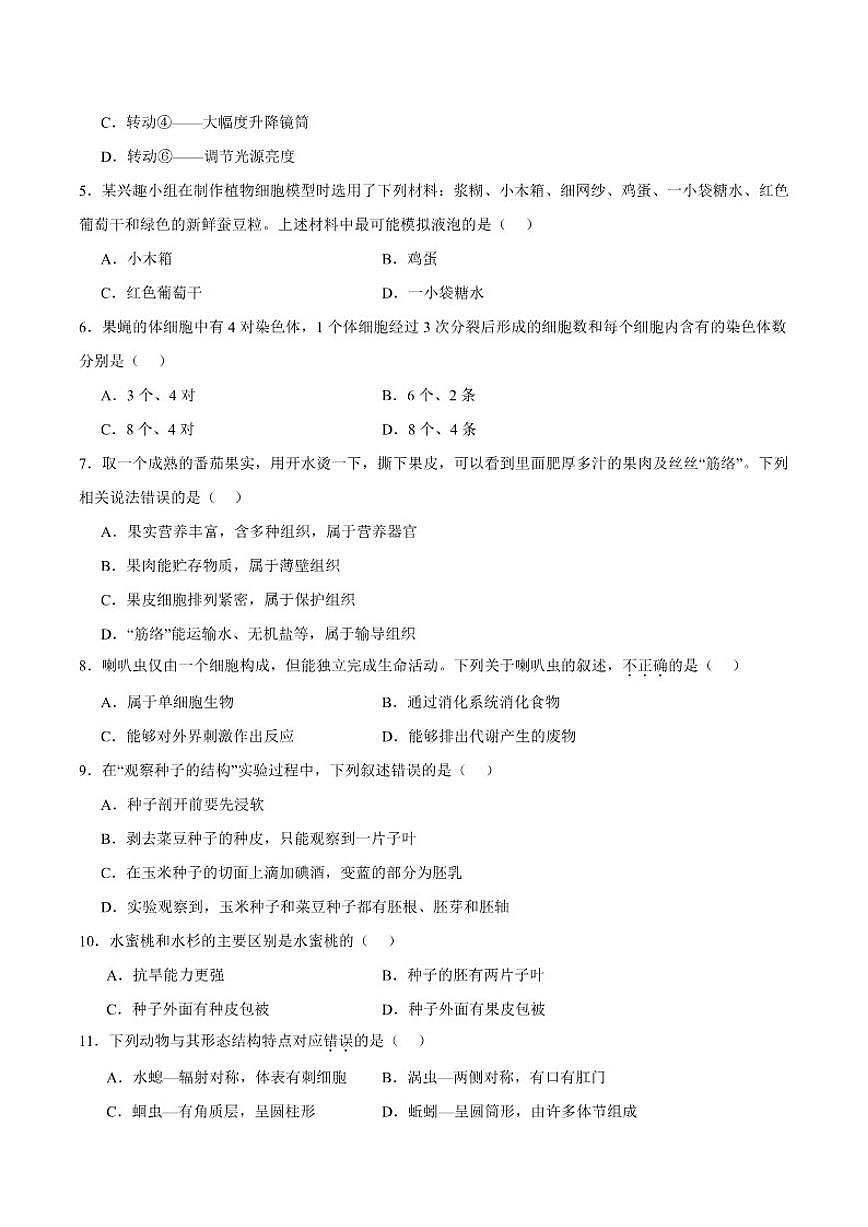 2025-2026学年甘肃省陇南市七年级上学期1月期末考试生物（含答案）试卷第2页