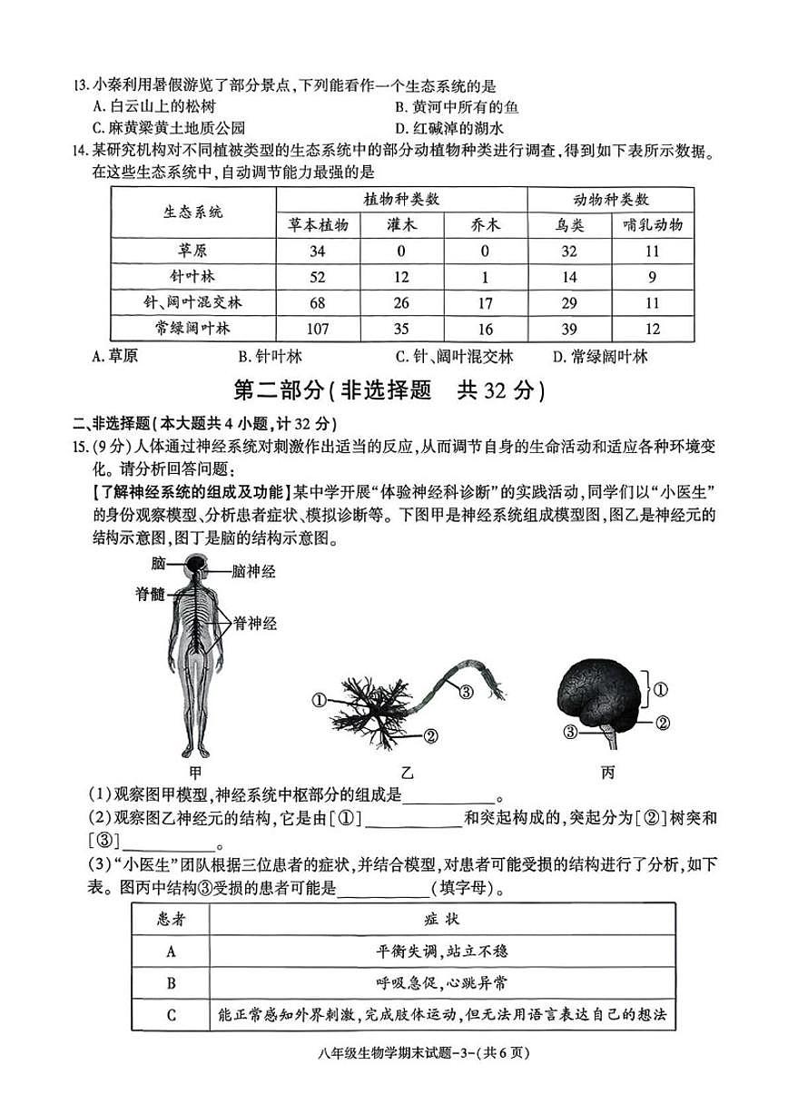 2025-2026学年陕西省榆林市高新区八年级上学期1月期末生物_(含答案_)试卷第3页