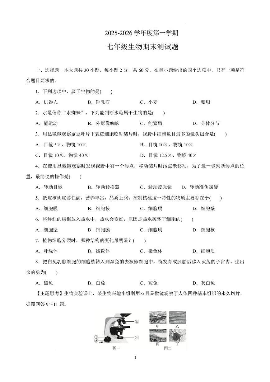 2025-2026学年广东省汕头市潮南区七年级上学期1月期末生物试题（含答案）第1页