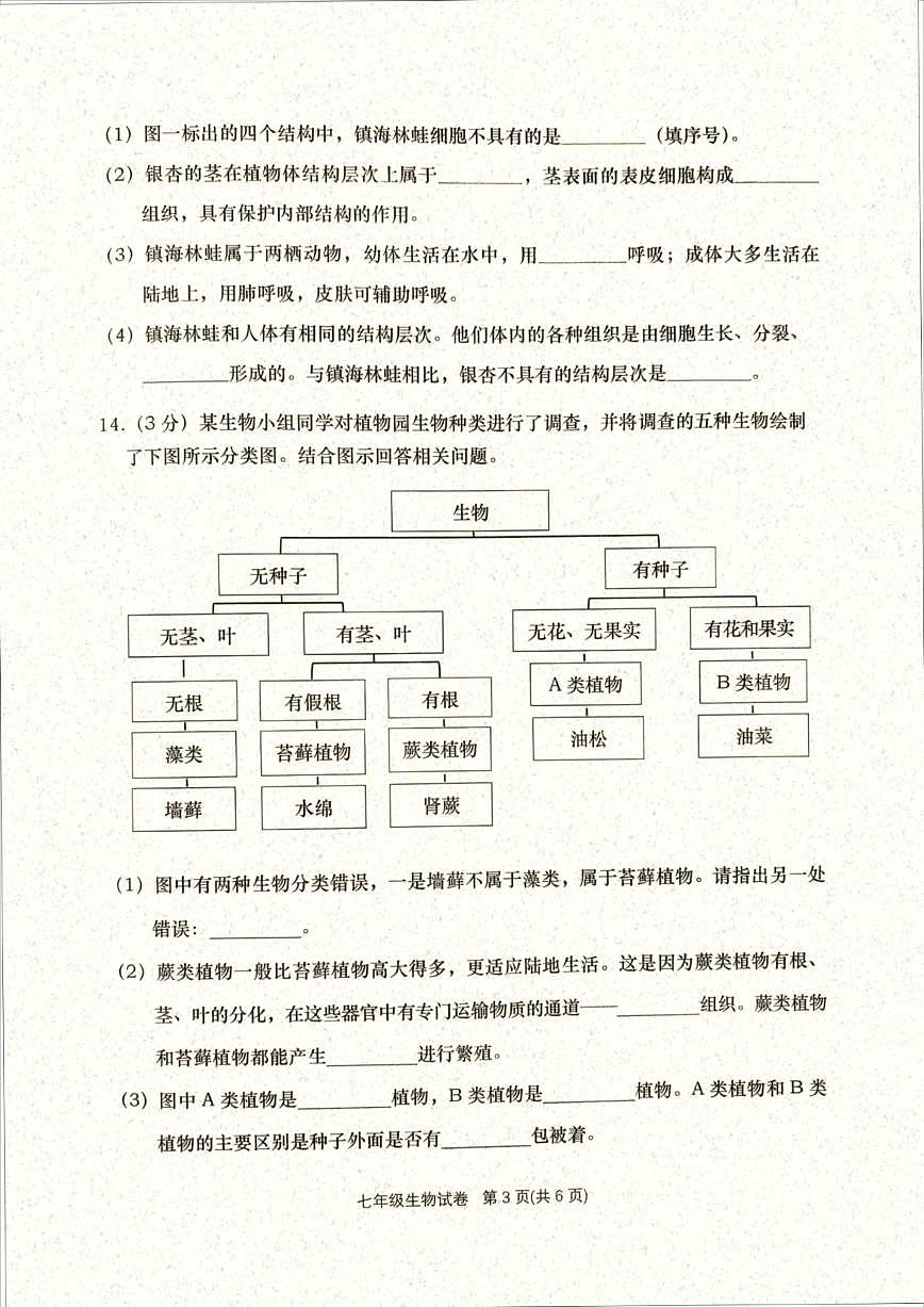2025-2026学年辽宁省大连市甘井子区七年级上学期期末考试生物_(含答案_)试卷第3页