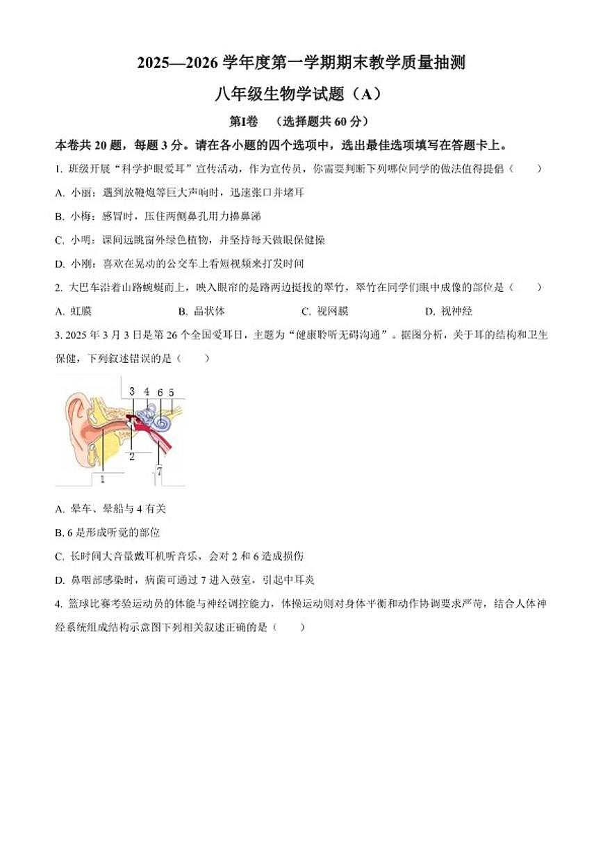 2025-2026学年安徽省合肥市庐江县八年级上学期期末生物学A（无答案）试题第1页
